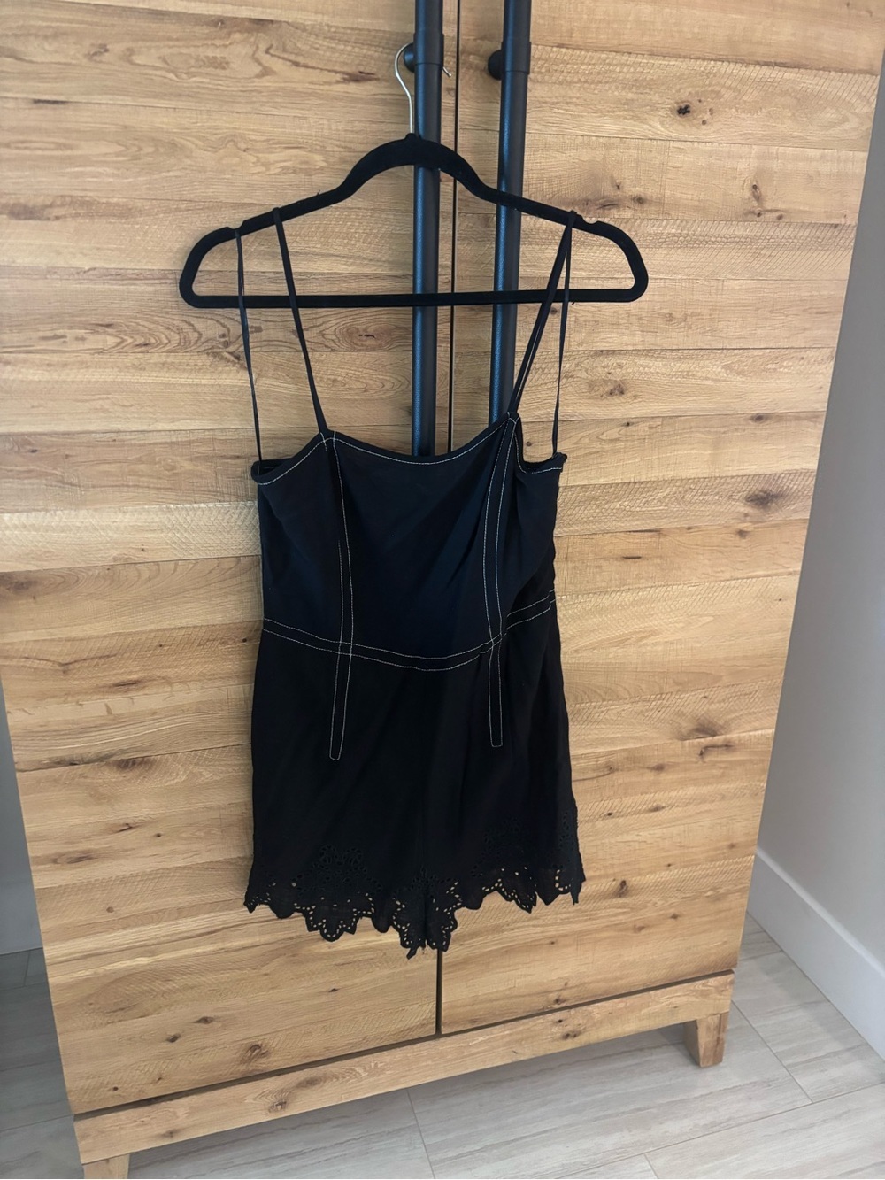 Zara Black Contrast Stitch Romper Size Small NWT Eyelet Hem Strappy Playsuit